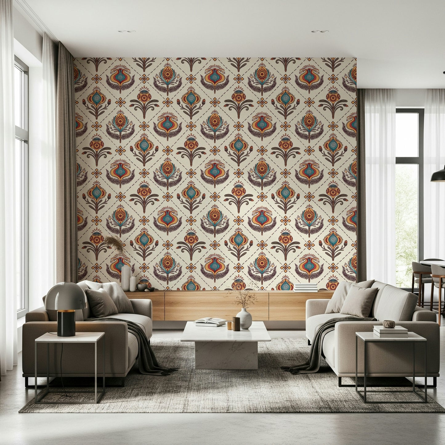 Boho Floral Grid wallpaper featuring colorful stylized floral motifs arranged in a diamond grid pattern.