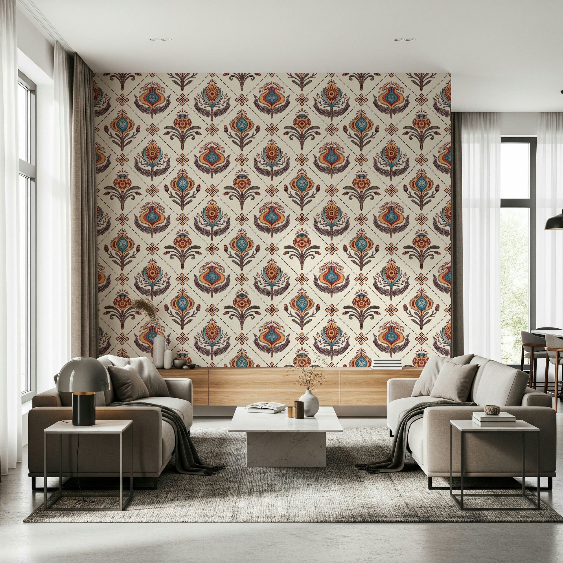 Boho Floral Grid wallpaper featuring colorful stylized floral motifs arranged in a diamond grid pattern.