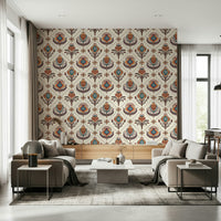 Boho Floral Grid wallpaper featuring colorful stylized floral motifs arranged in a diamond grid pattern.