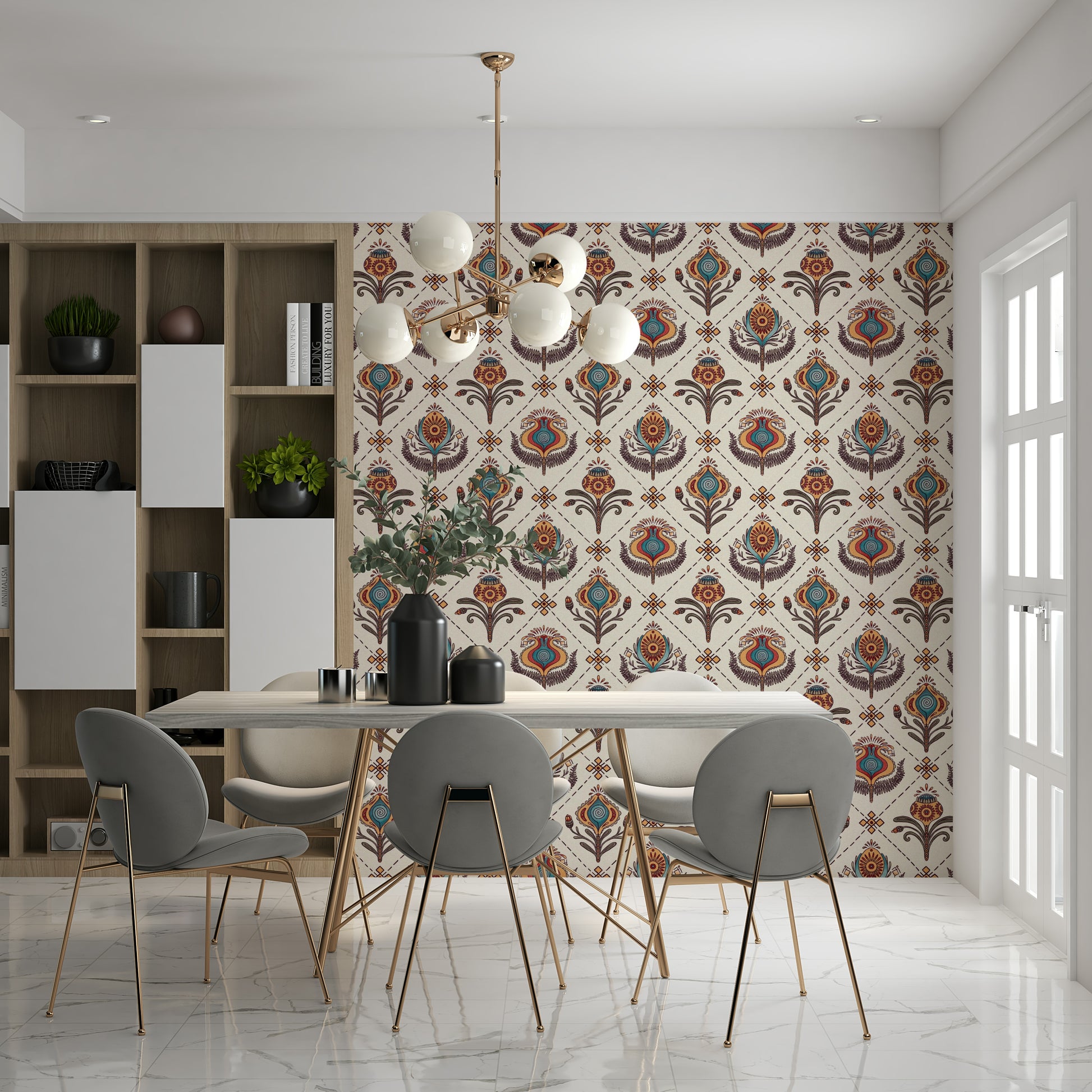Boho-style wallpaper mural combining decorative flowers and geometric diamond accents.