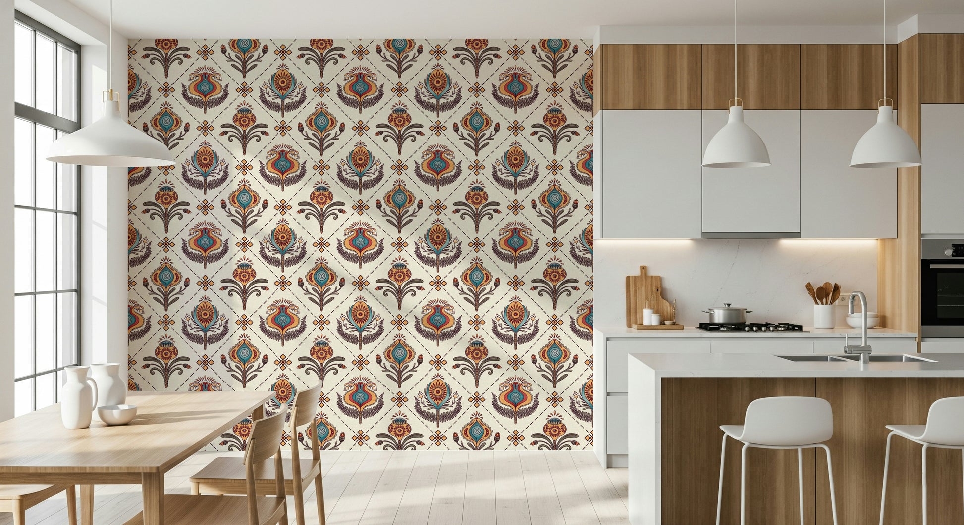 Patterned Boho Floral Grid wallpaper featuring detailed blooms and leaves in earthy tones.