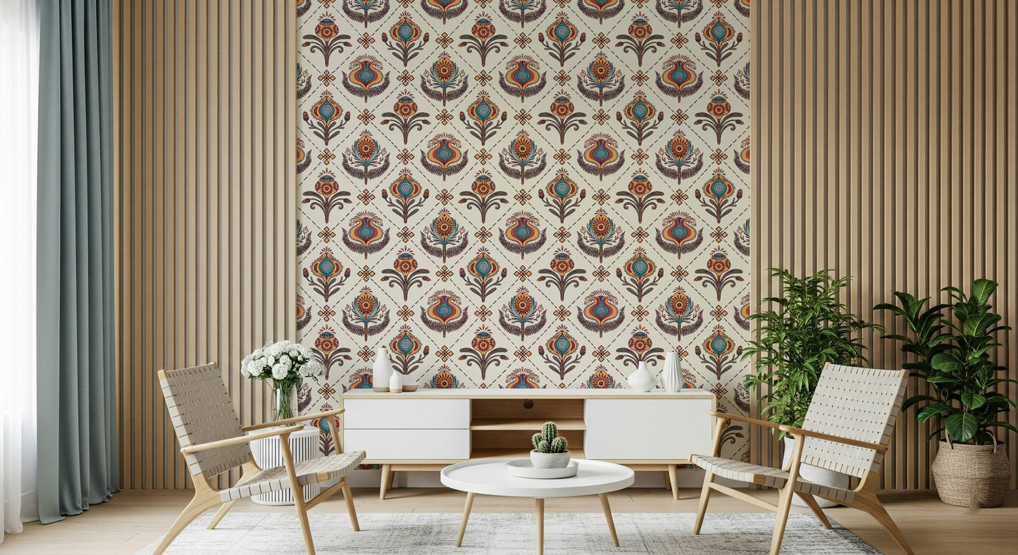 Decorative boho floral wallpaper showcasing repeating ornate floral emblems in a symmetrical grid.