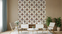 Decorative boho floral wallpaper showcasing repeating ornate floral emblems in a symmetrical grid.