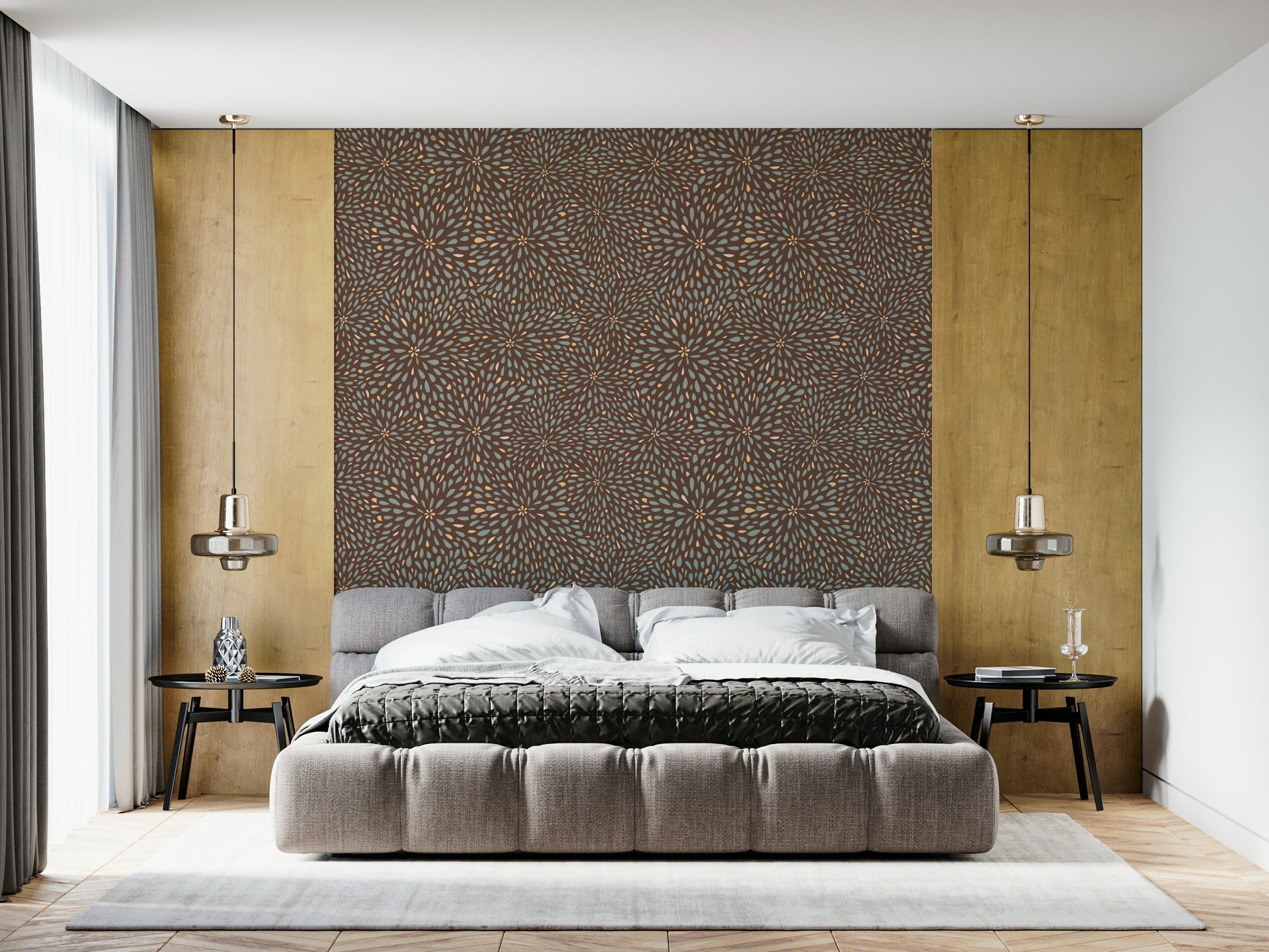 Warm-toned wallpaper mural with intricate autumn-inspired starburst clusters.