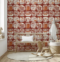 Wilderness Patches wallpaper mural displaying vintage-style illustrations of mountains, vans, and tents.