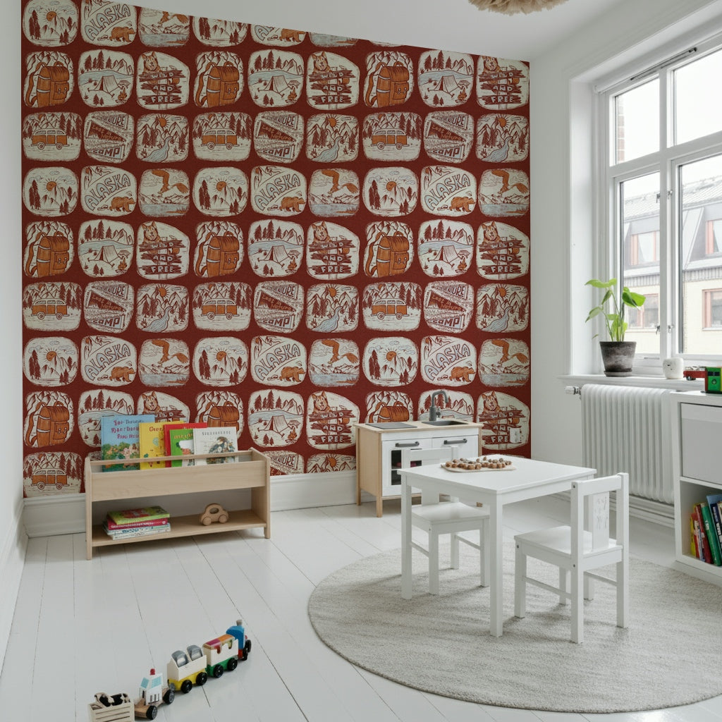 Wild nature wallpaper featuring illustrated outdoor adventure patches on a deep brown background.