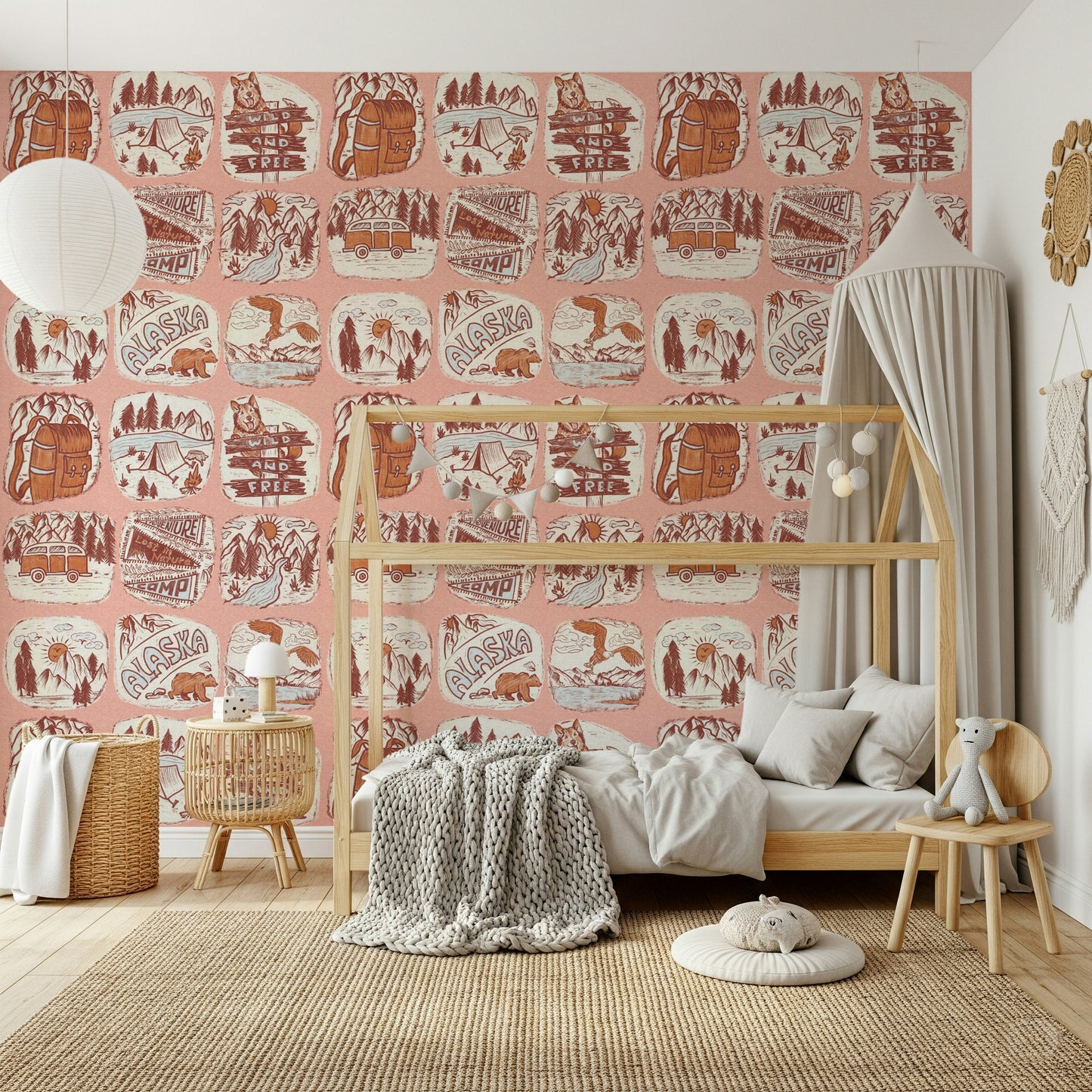 Outdoor adventure wallpaper mural with repeating illustrations of backpacks, tents, and mountain vistas.