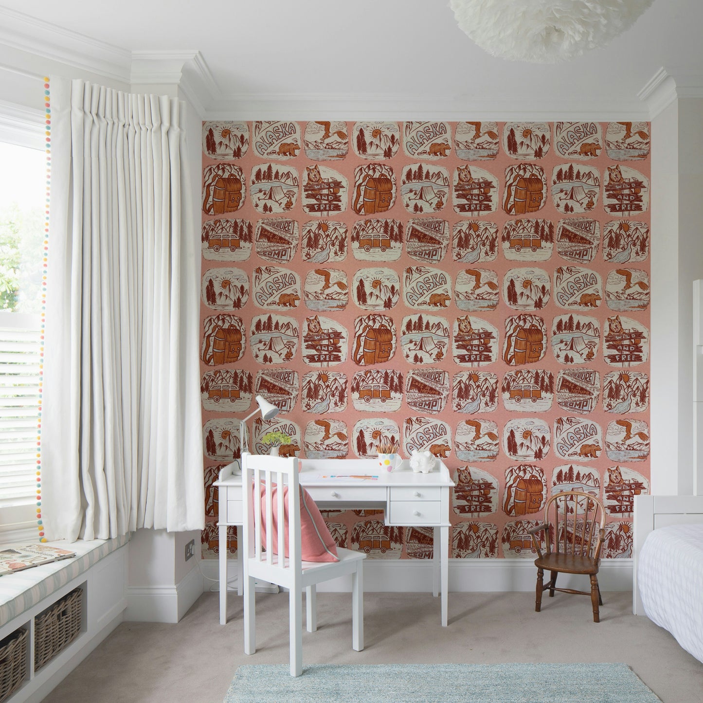 Vintage-style adventure wallpaper mural with bears, forests, vans, and scenic mountain drawings.