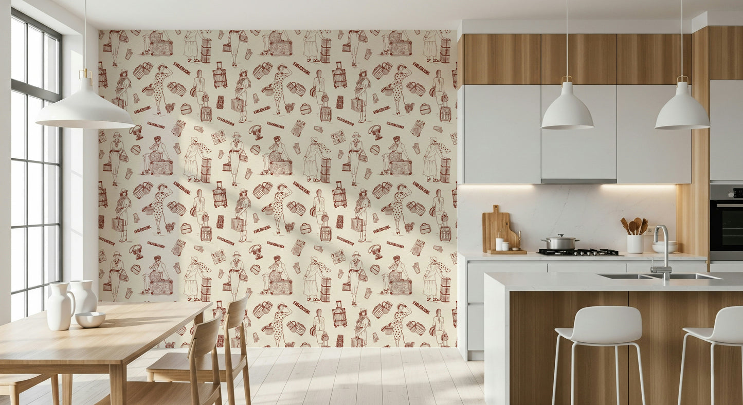 Artistic wallpaper mural with whimsical illustrations and nostalgic story themes.