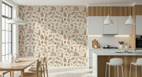 Artistic wallpaper mural with whimsical illustrations and nostalgic story themes.