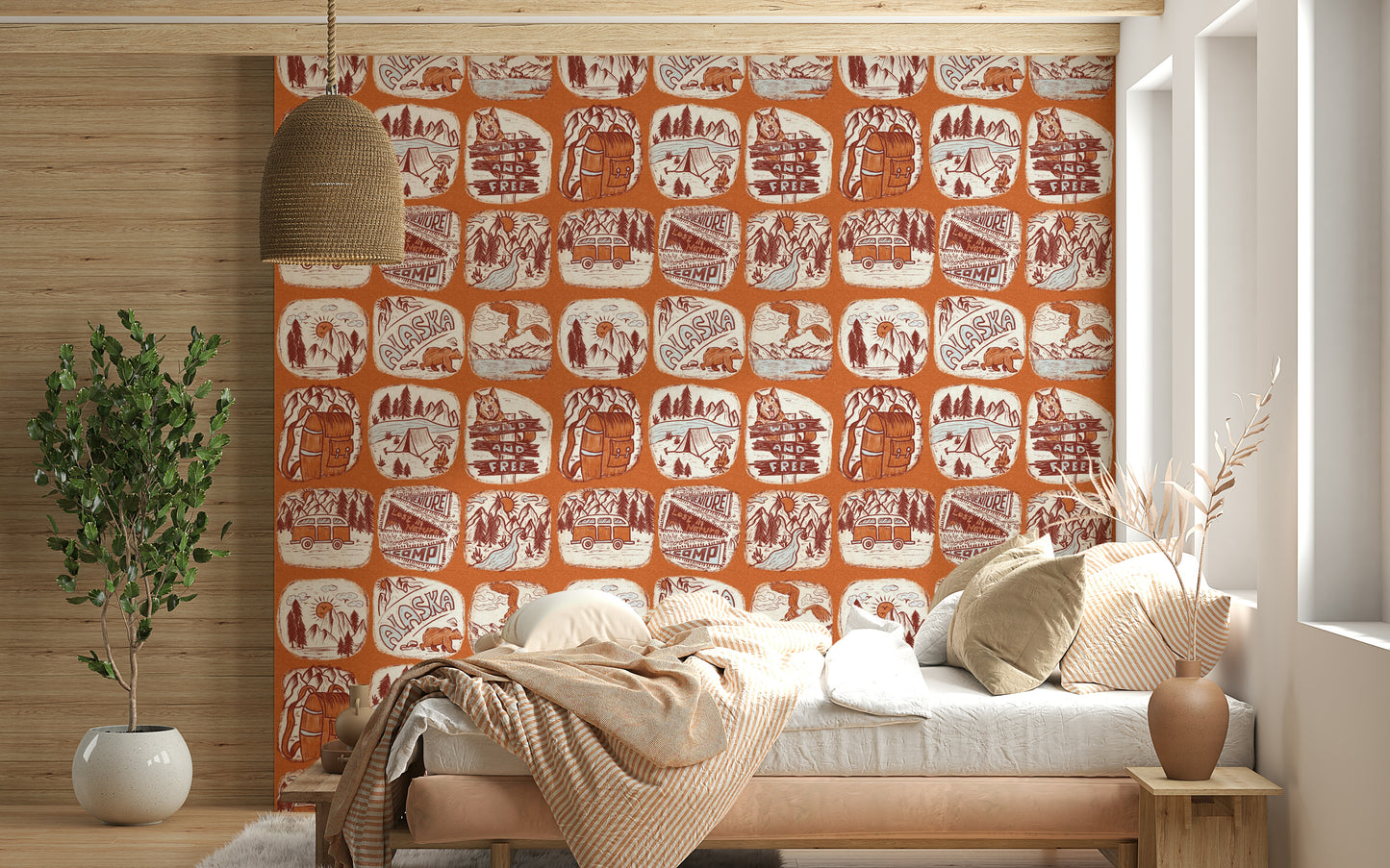 Adventure-themed wallpaper mural with illustrated tents, trees, and hiking gear.