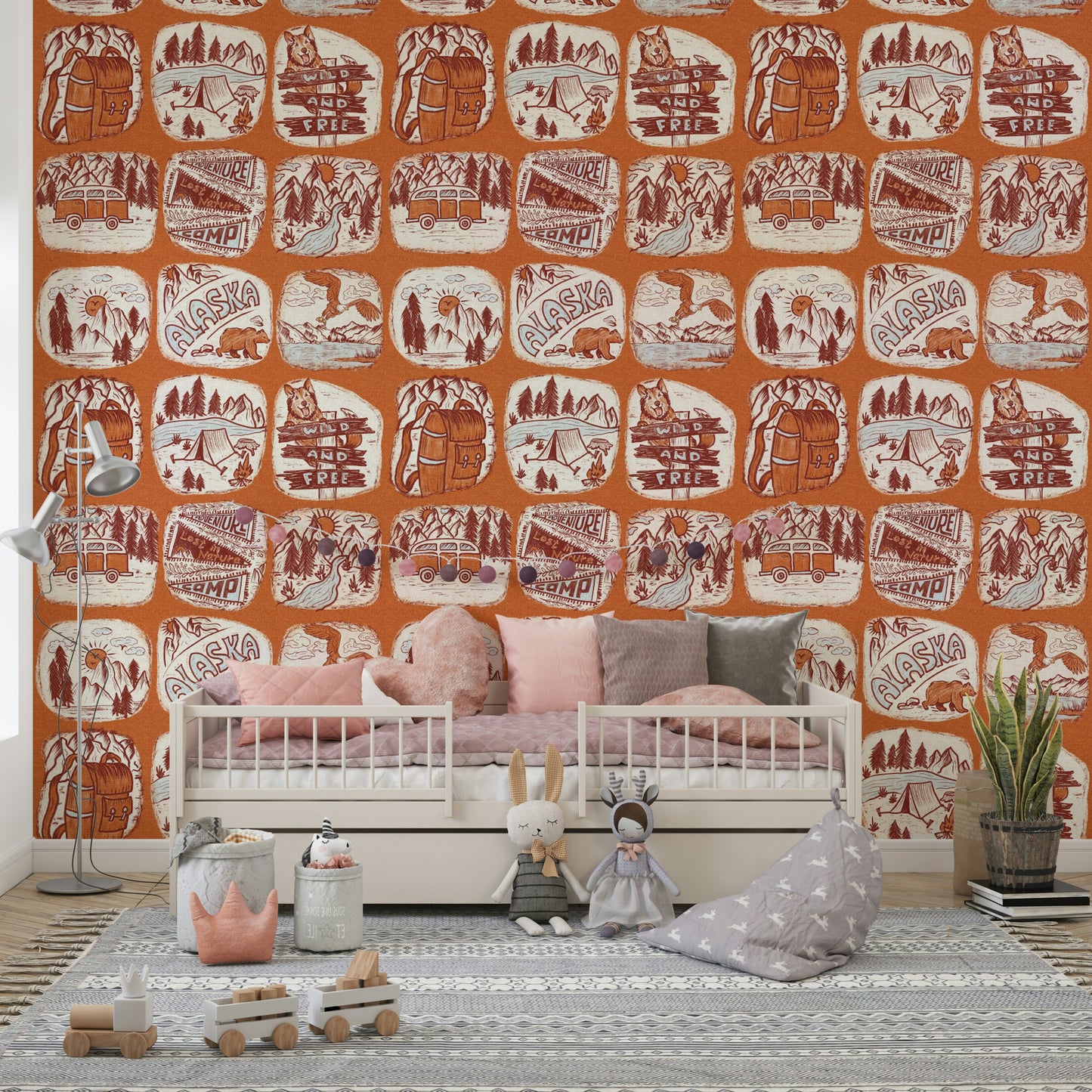 Rustic adventure wallpaper mural showing hand-drawn mountains, trees, and outdoor gear.