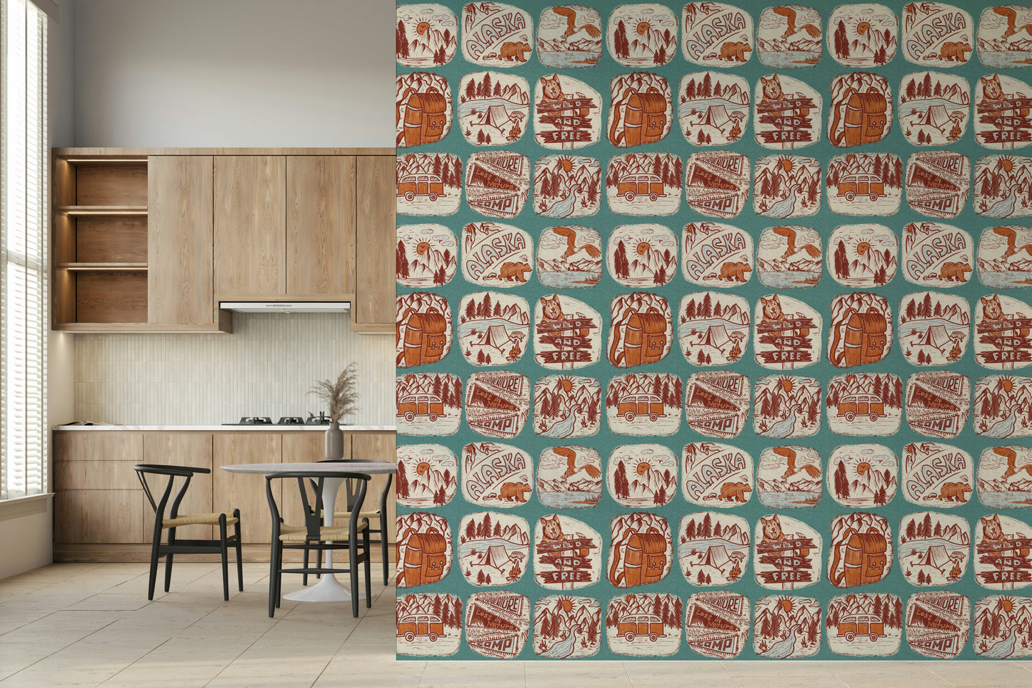 Nature-inspired sketchbook wallpaper mural with forest creatures and botanical sketches.