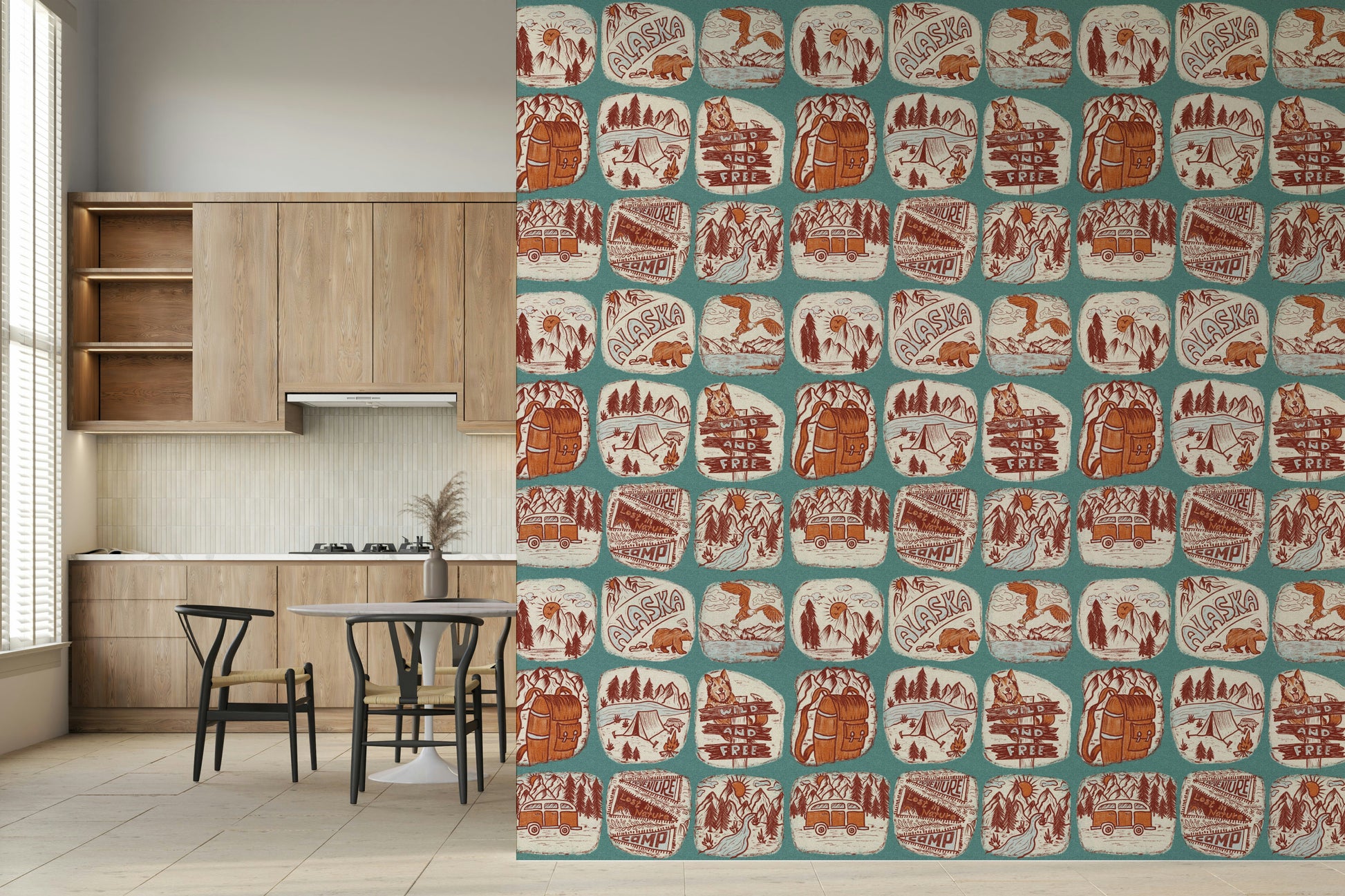 Nature-inspired sketchbook wallpaper mural with forest creatures and botanical sketches.