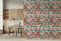 Nature-inspired sketchbook wallpaper mural with forest creatures and botanical sketches.