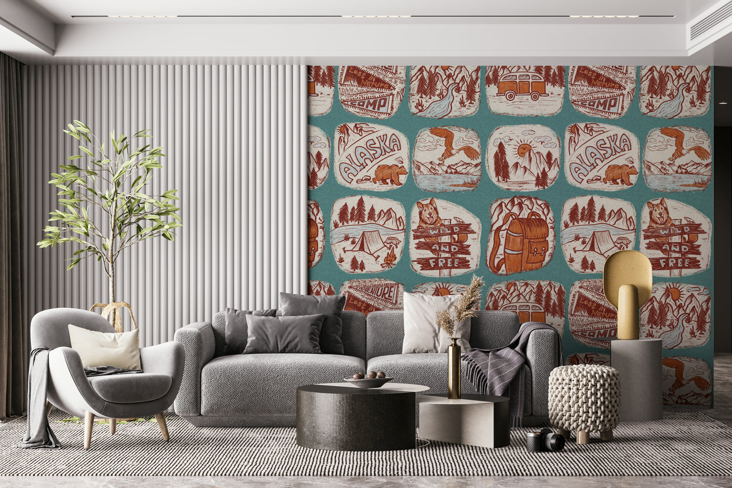 Monochrome wilderness wallpaper featuring line-drawn natural landscapes.