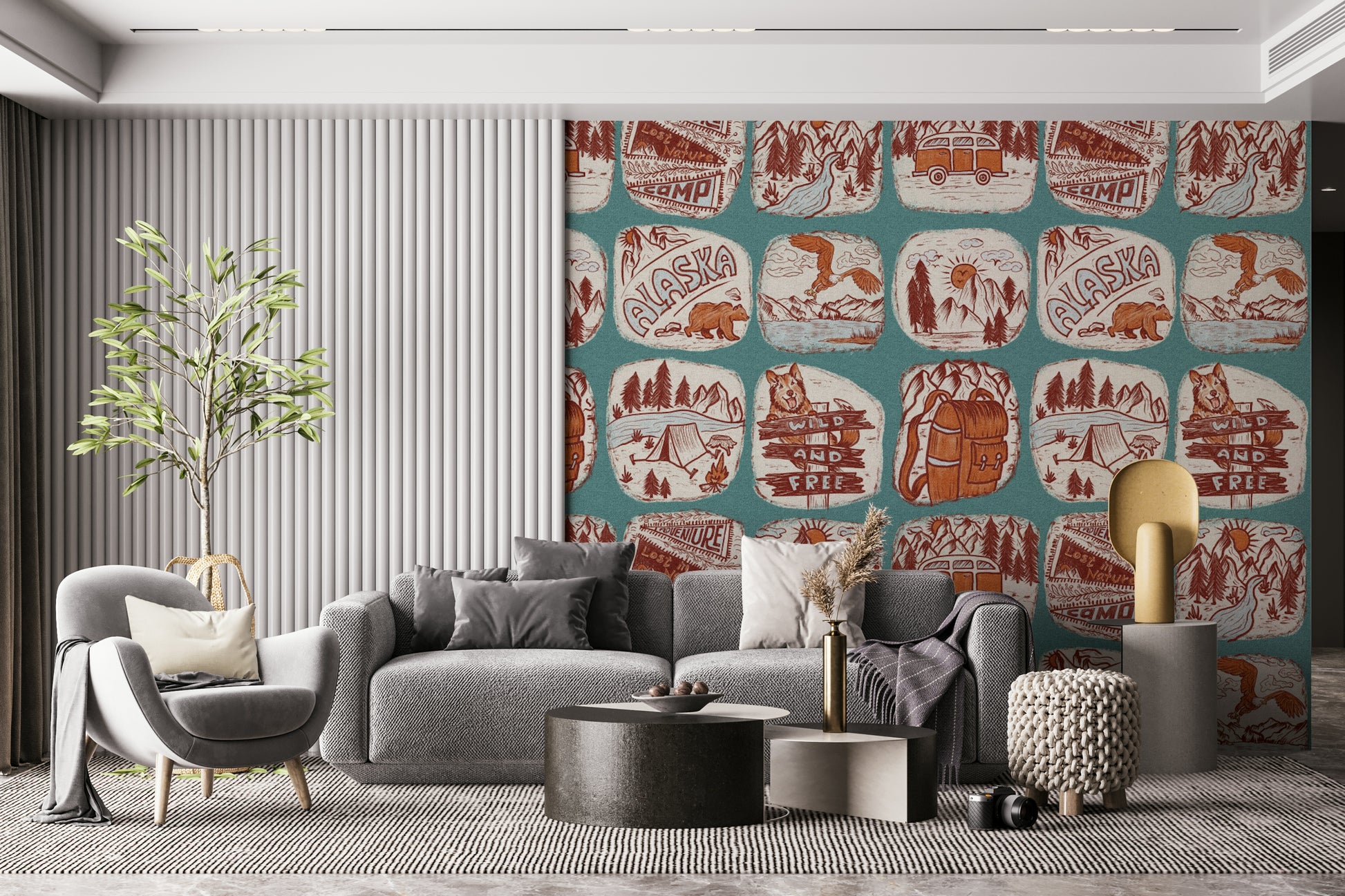 Monochrome wilderness wallpaper featuring line-drawn natural landscapes.