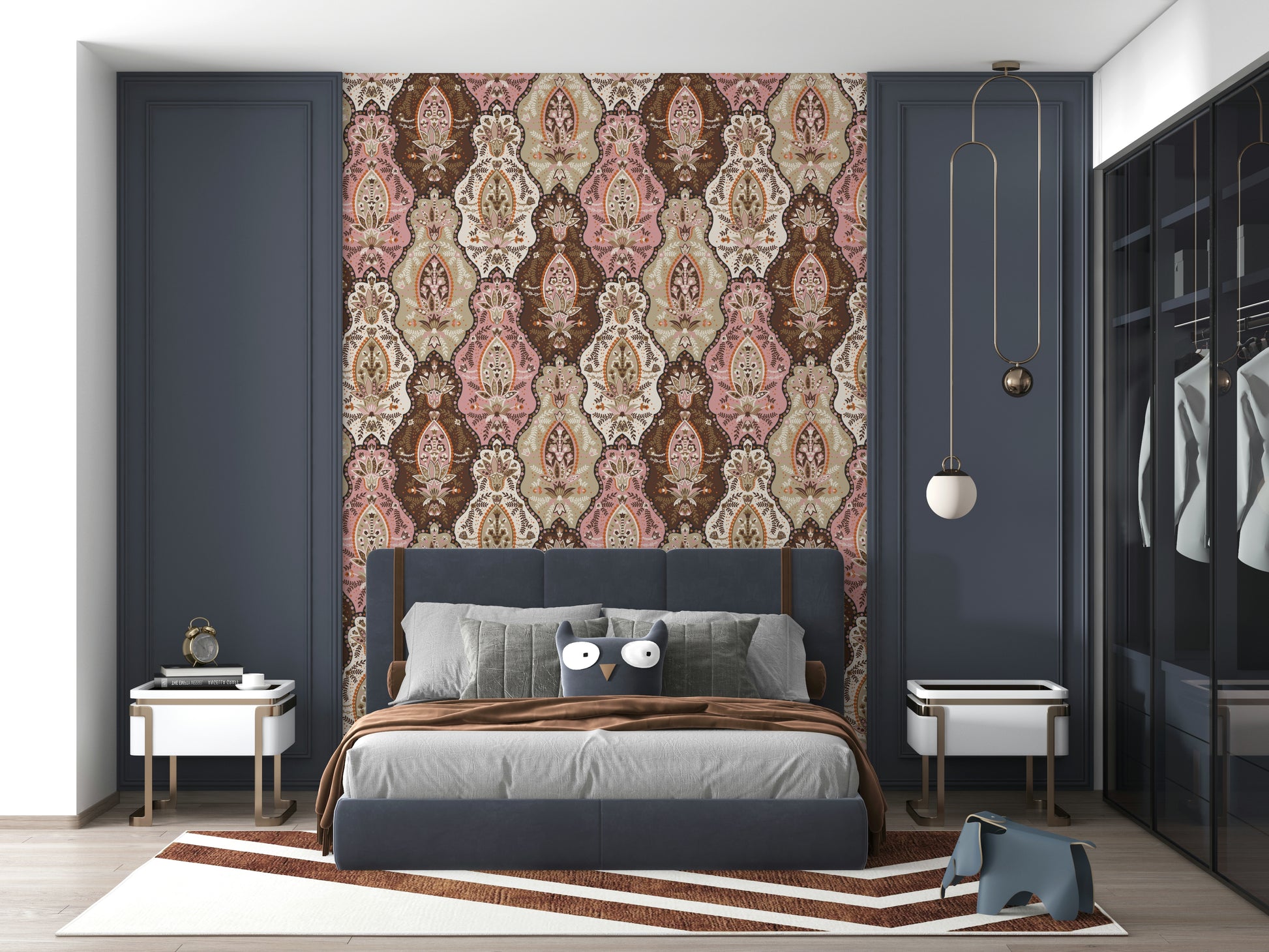 Ornate botanical wallpaper mural combining floral motifs with symmetrical decorative patterns.