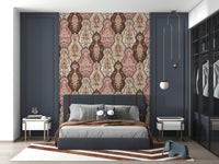 Ornate botanical wallpaper mural combining floral motifs with symmetrical decorative patterns.