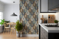 Sophisticated bohemian wallpaper mural showcasing repeated paisley medallions in bold colors.