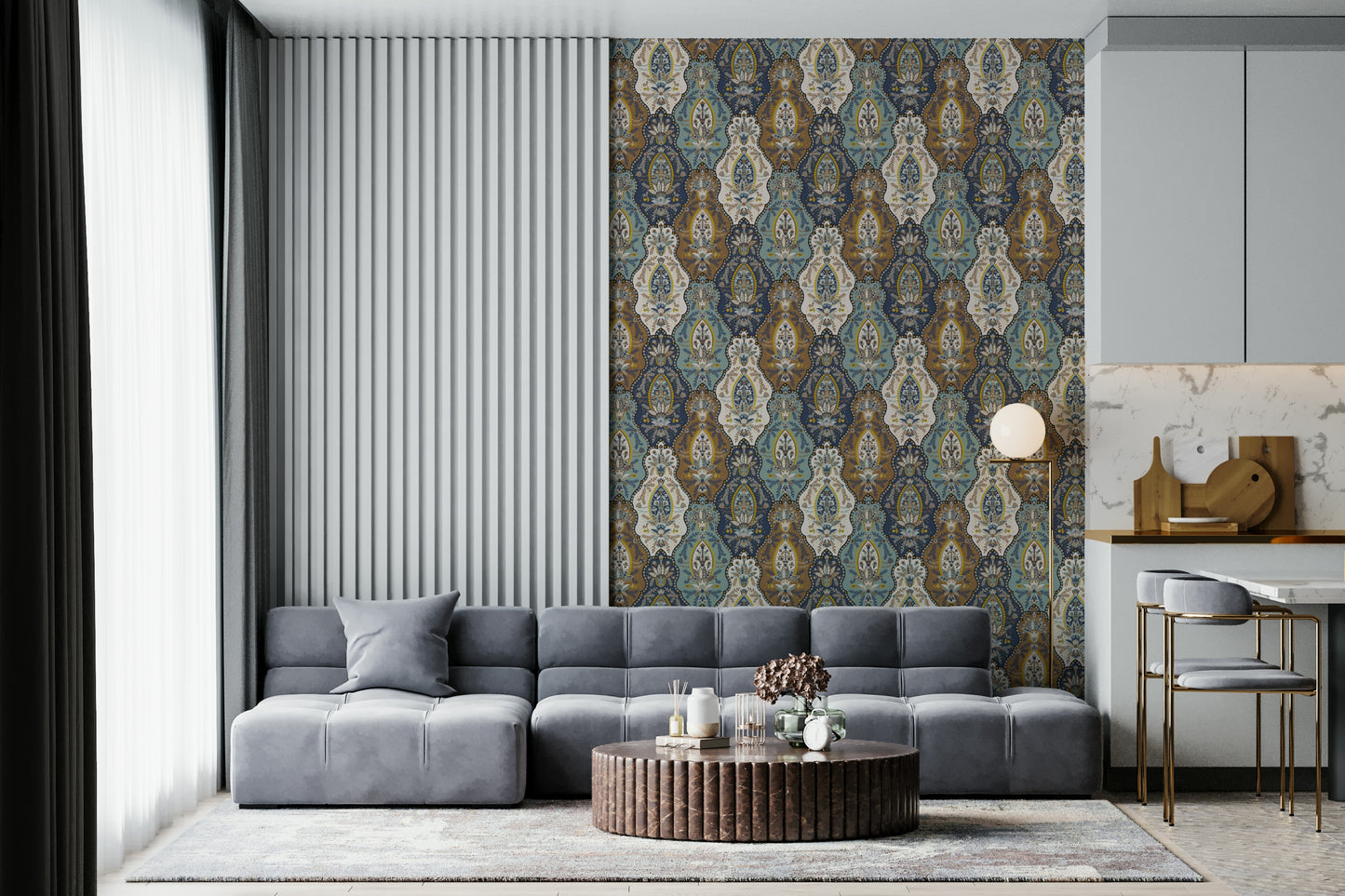 Vintage-inspired paisley wallpaper mural with blue, gold, and beige ornamental designs.