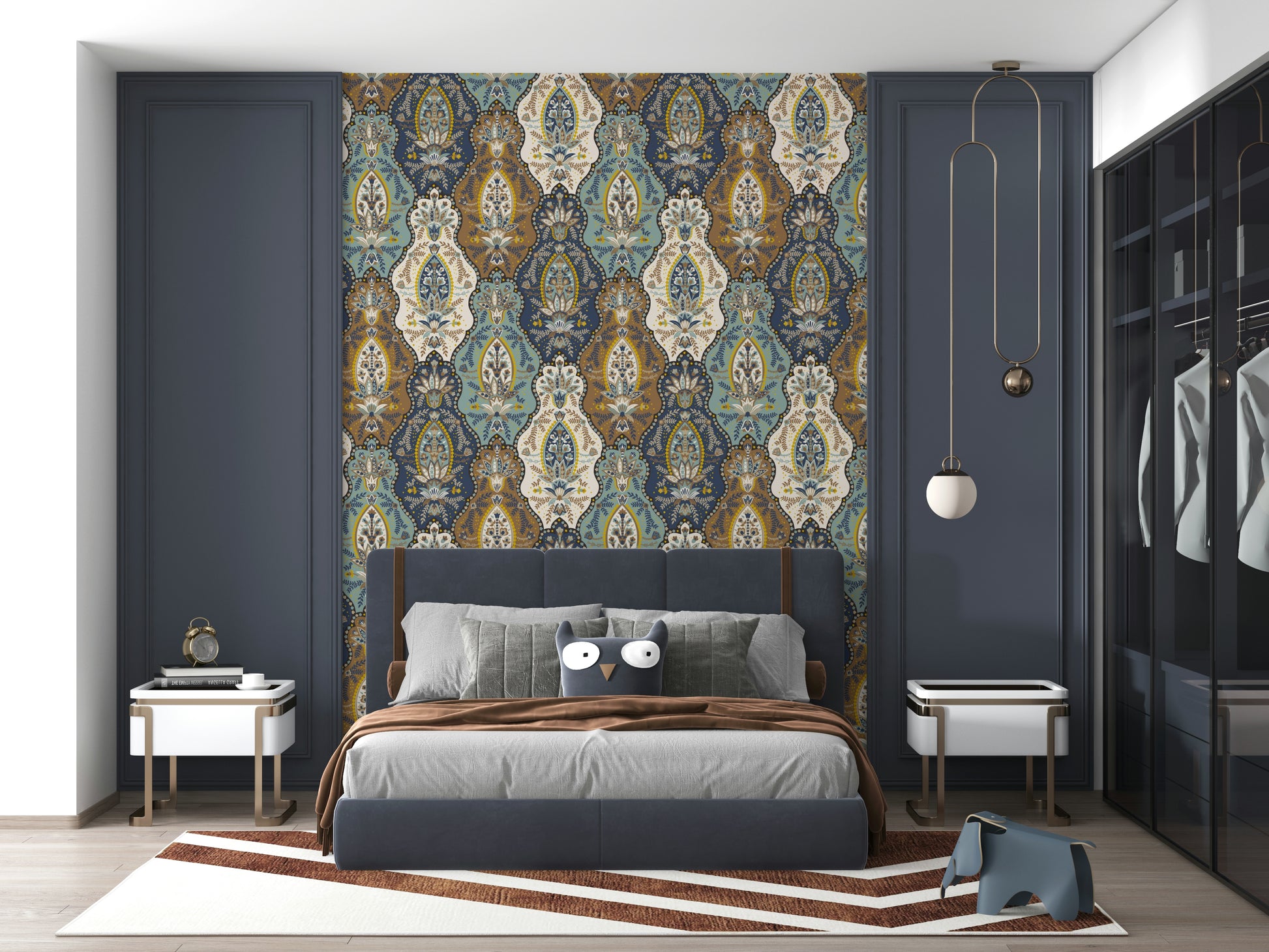 Decorative bohemian paisley wallpaper showcasing detailed floral and teardrop motifs.