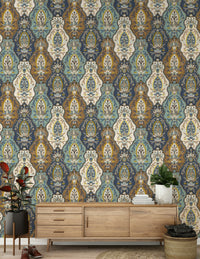 Patterned paisley wallpaper combining blue, mustard, teal, and cream for a boho look.