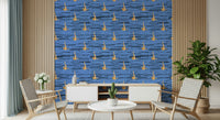 Dynamic wallpaper mural featuring blue wave-like lines and golden floating motifs.
