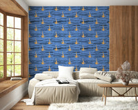 Abstract blue wallpaper mural with gold shapes creating a flowing water rhythm effect.