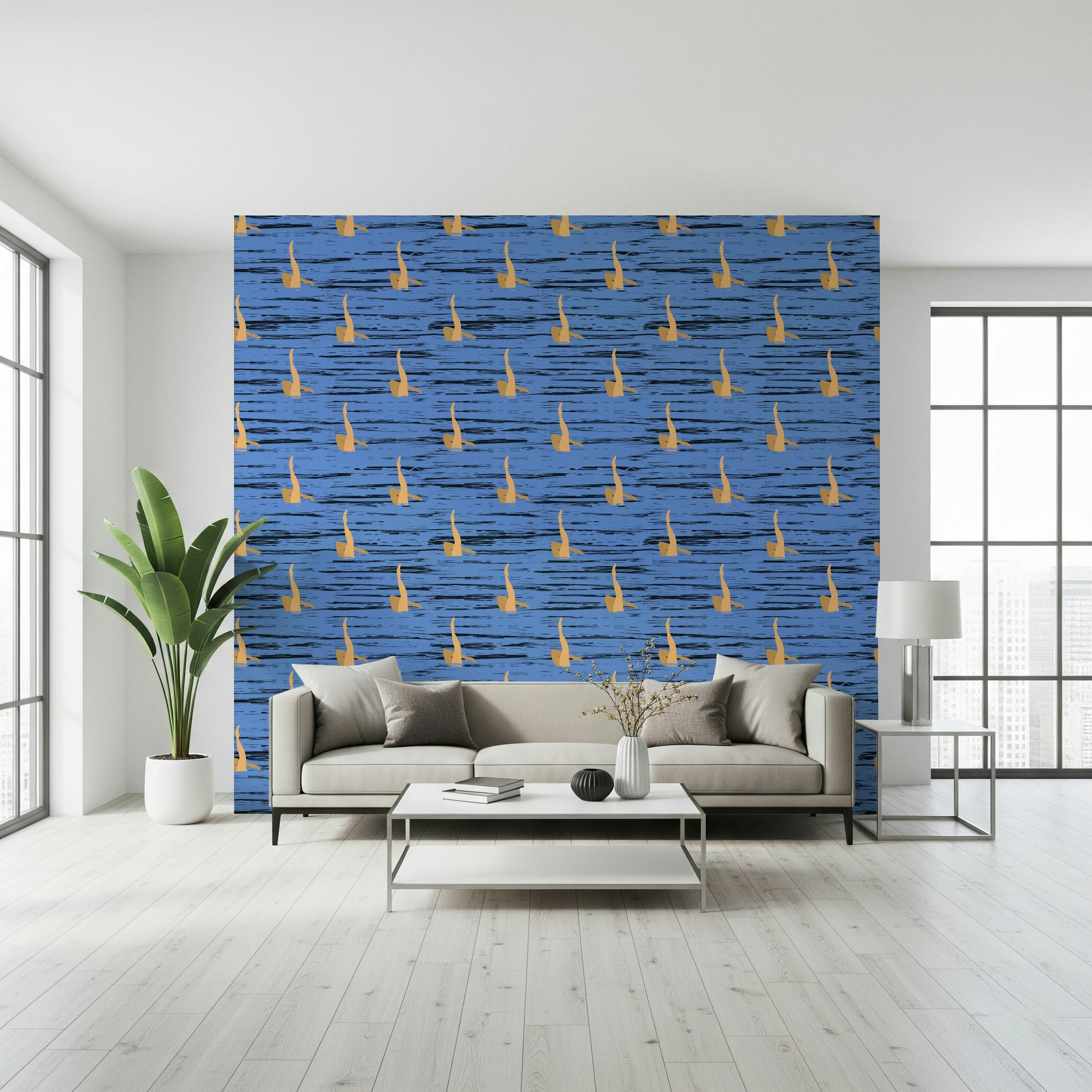 Abstract water rhythms wallpaper showcasing gold leaf-like shapes on a textured blue background.