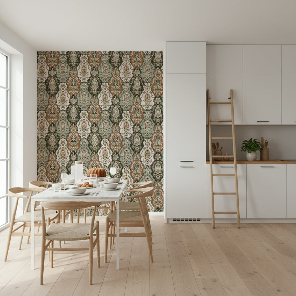 Repeating earthy florals wallpaper with decorative, ornate plant-inspired motifs.