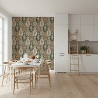 Repeating earthy florals wallpaper with decorative, ornate plant-inspired motifs.