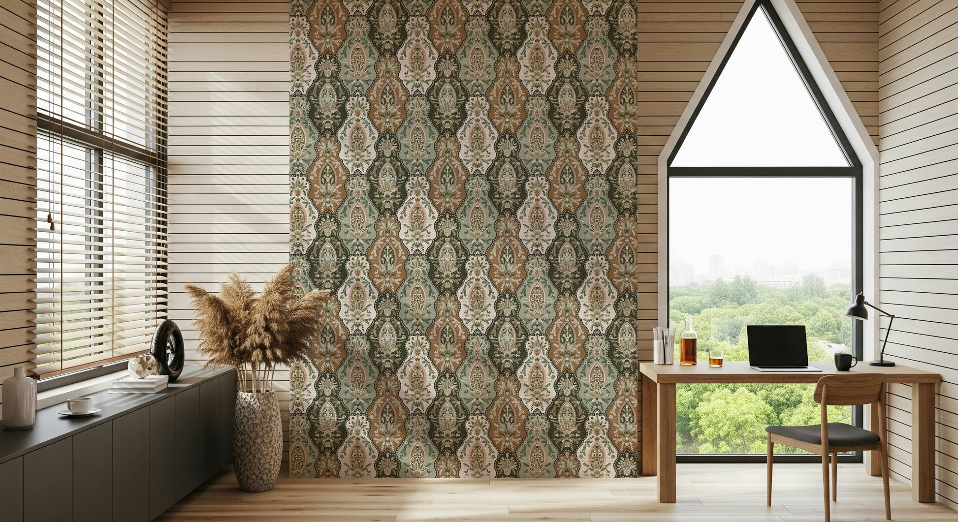Earth-toned floral wallpaper featuring detailed ornamental patterns and soft botanical accents.