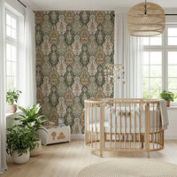 Intricate floral wallpaper in earthy hues of brown, sage green, and cream.