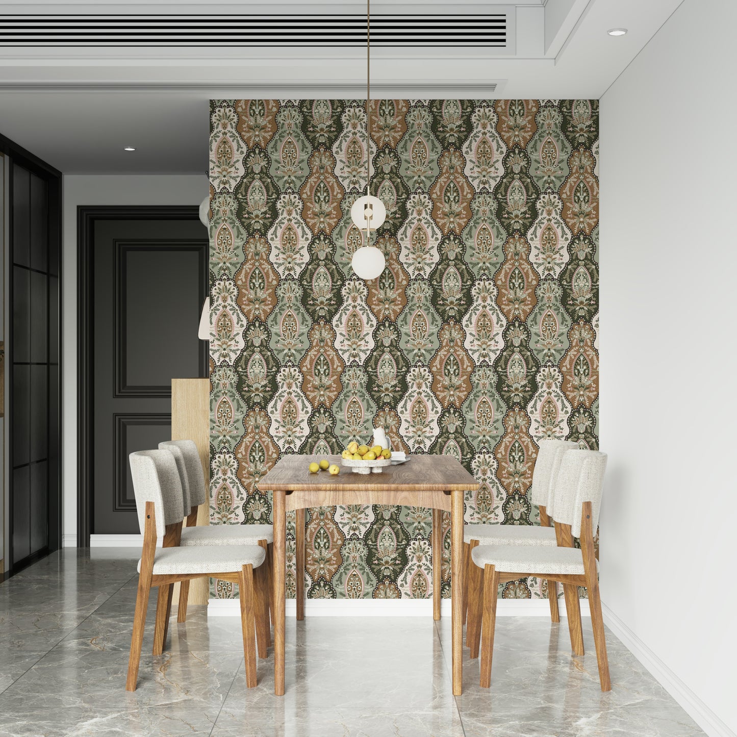 Decorative earthy florals wallpaper showcasing intricate botanical shapes and muted natural colors.