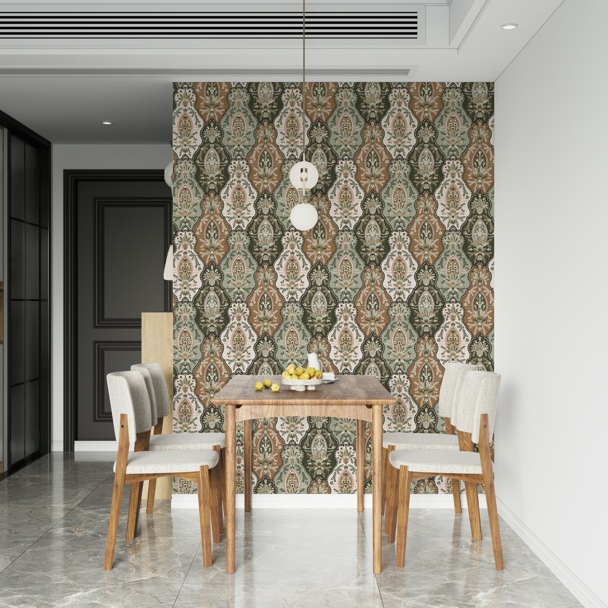 Decorative earthy florals wallpaper showcasing intricate botanical shapes and muted natural colors.