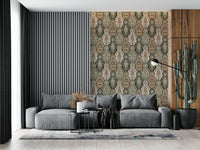 Traditional floral wallpaper mural with repeating earthy motifs in warm and cool tones.