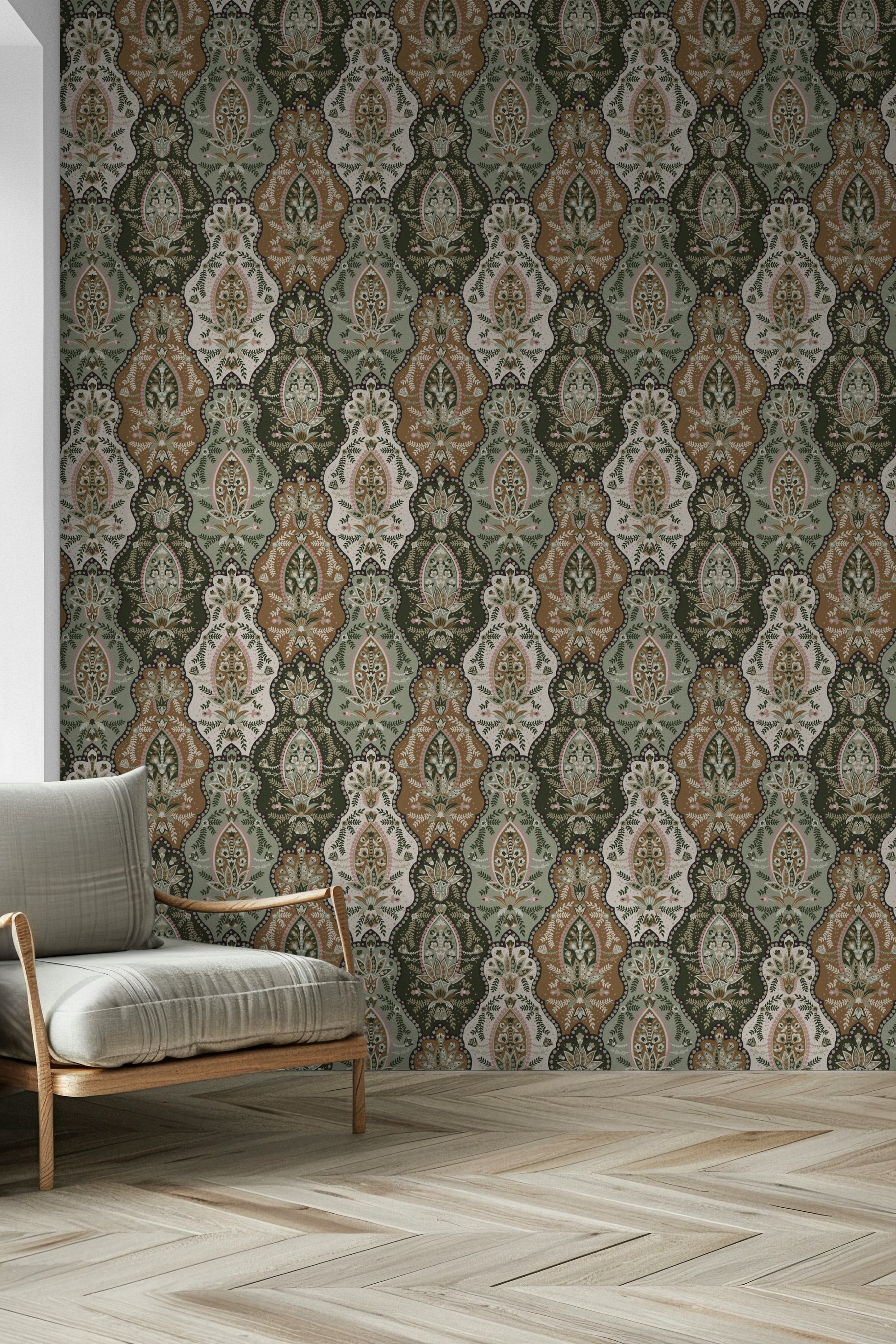 Classic earthy florals wallpaper mural with ornate, symmetrical floral elements.