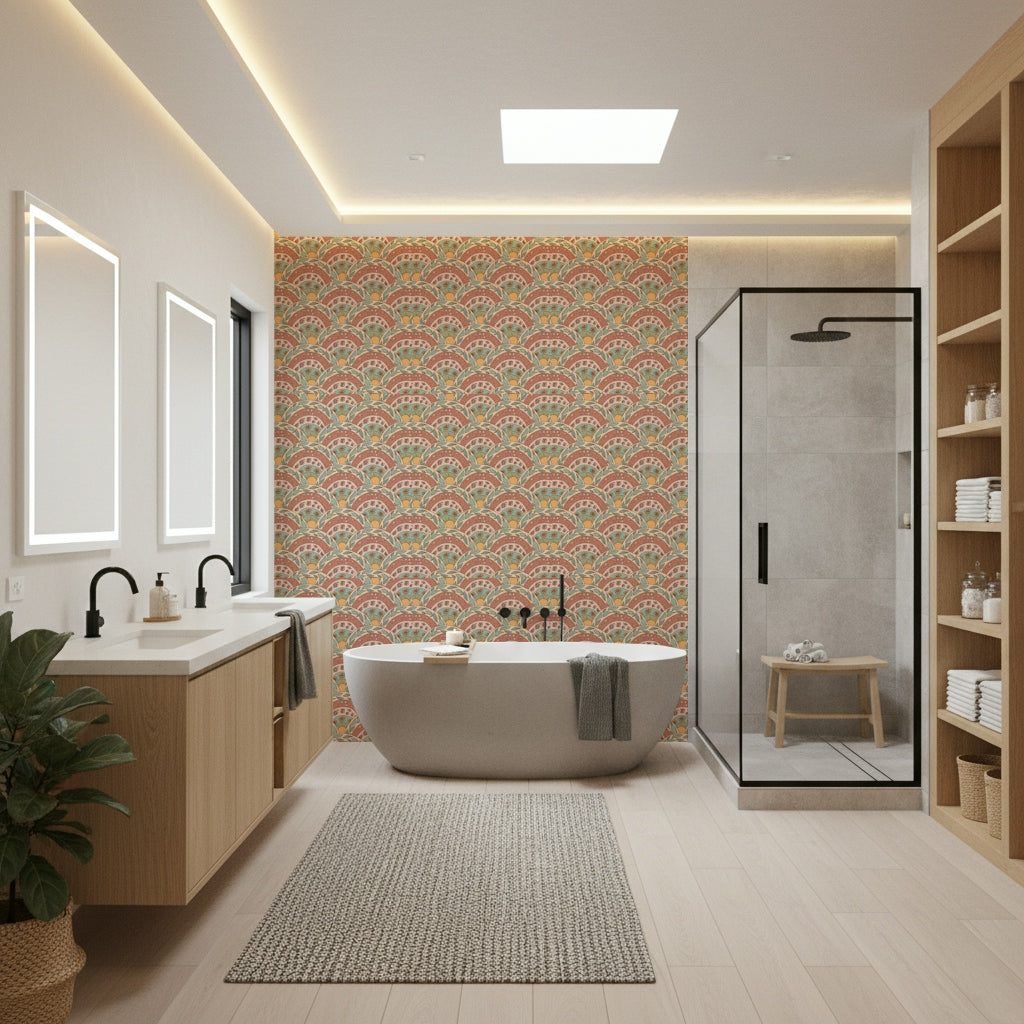 Vintage-inspired boho sun blooms radiating across a soft patterned background.