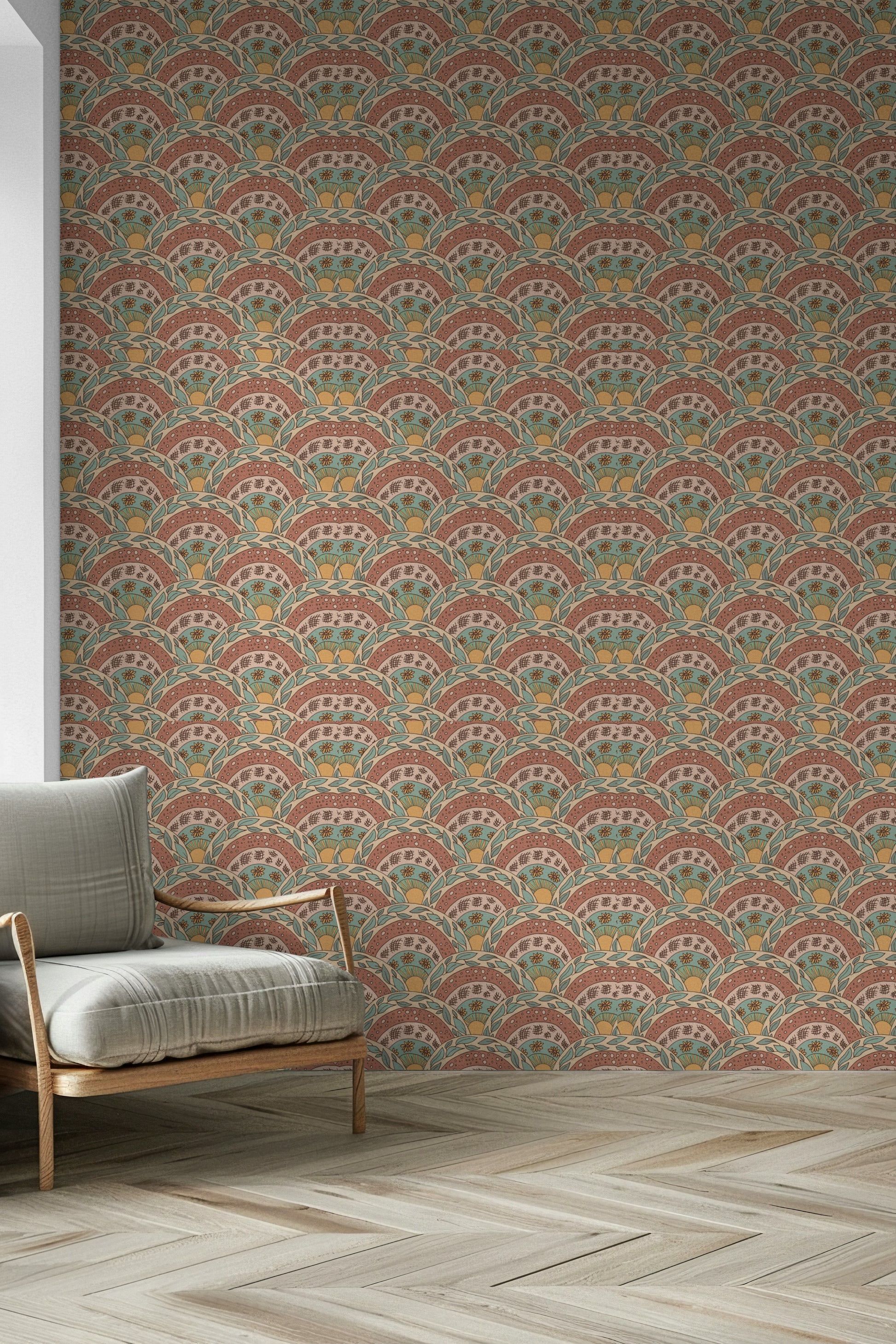 Radiating floral sun motifs creating a warm, boho-inspired wallpaper pattern.
