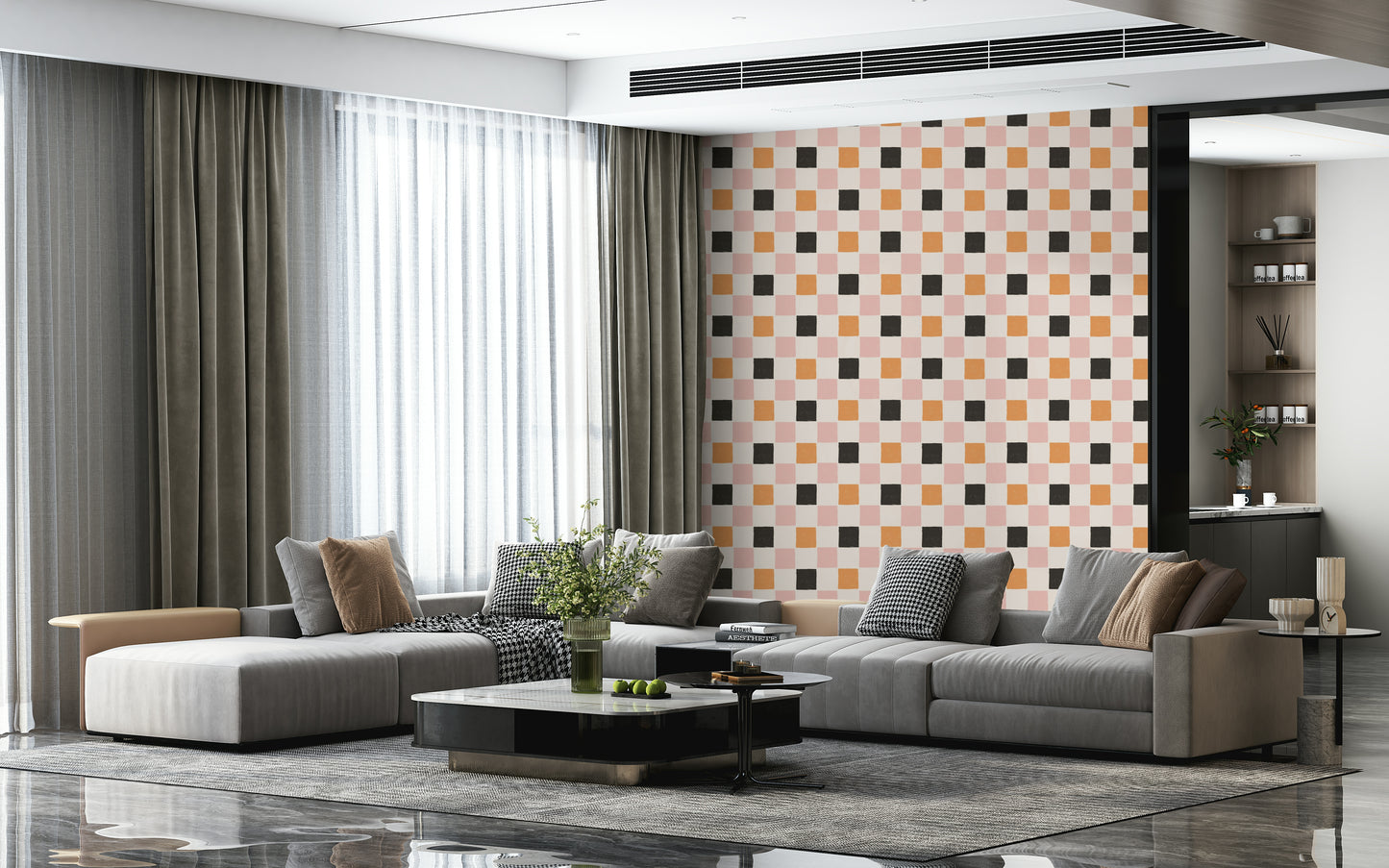 Geometric block wallpaper with a lively mix of bold hues.