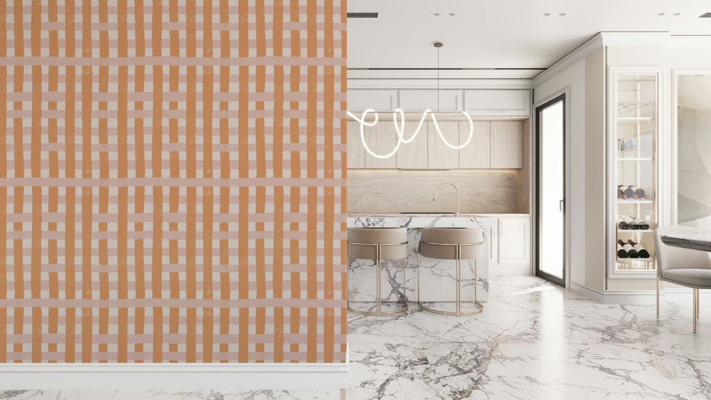 Vertical stripes in terracotta and neutral hues for a grounded, modern look.