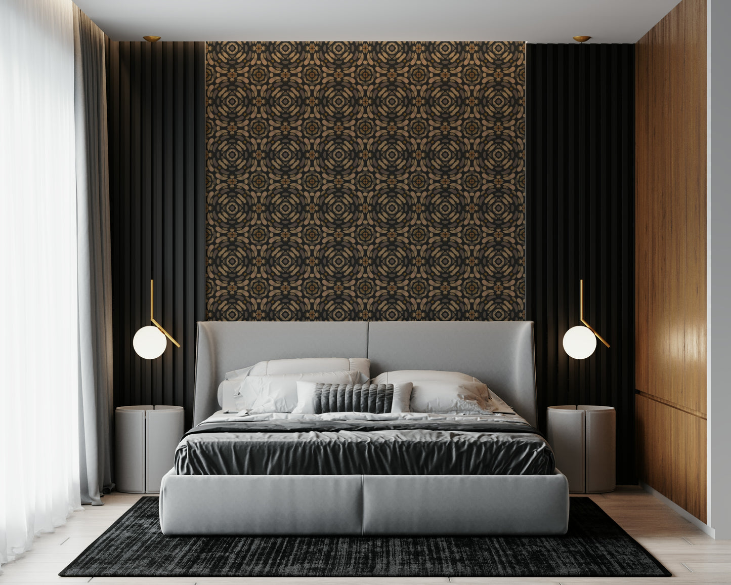 Modern symmetrical print with layered earth-tone patterns and natural textures.