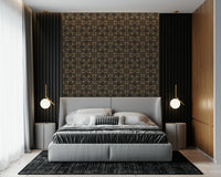 Modern symmetrical print with layered earth-tone patterns and natural textures.