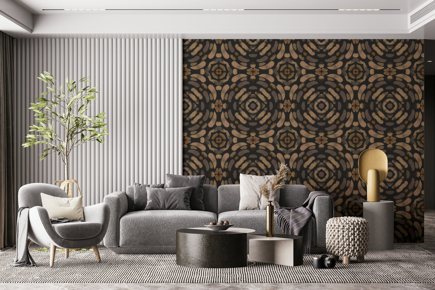 Organic-inspired symmetrical pattern in soft earth tones for a soothing wall mural.