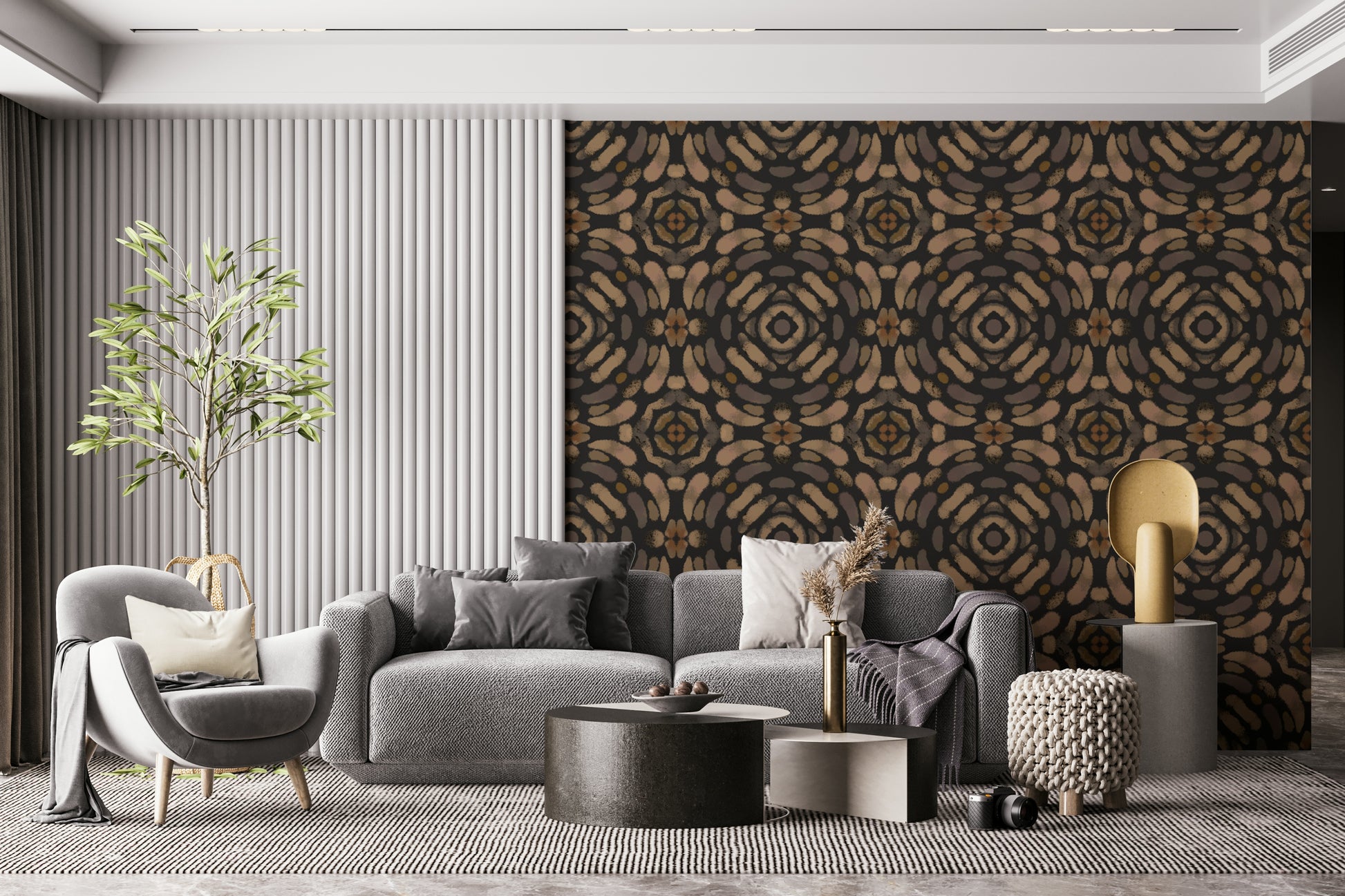 Organic-inspired symmetrical pattern in soft earth tones for a soothing wall mural.