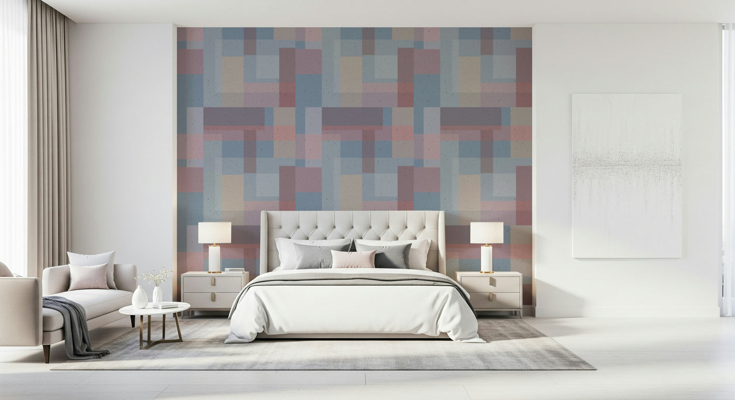 Minimalist geometric wallpaper showcasing muted block shapes arranged in a grid-like layout.