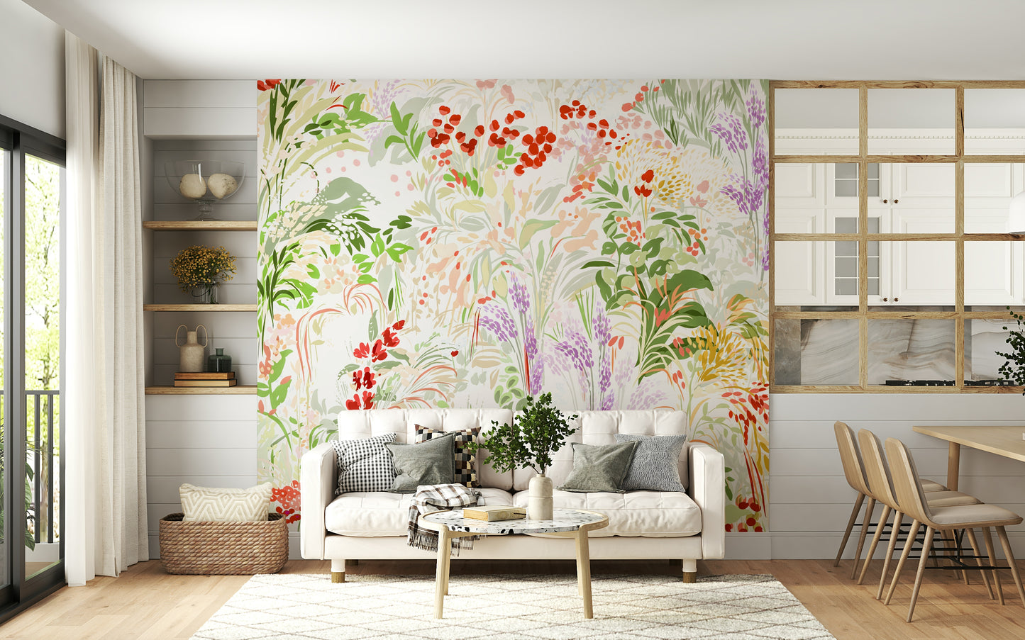 A lush meadow wallpaper showcasing hand-painted flowers and foliage in a soft, airy palette.