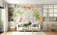 A lush meadow wallpaper showcasing hand-painted flowers and foliage in a soft, airy palette.