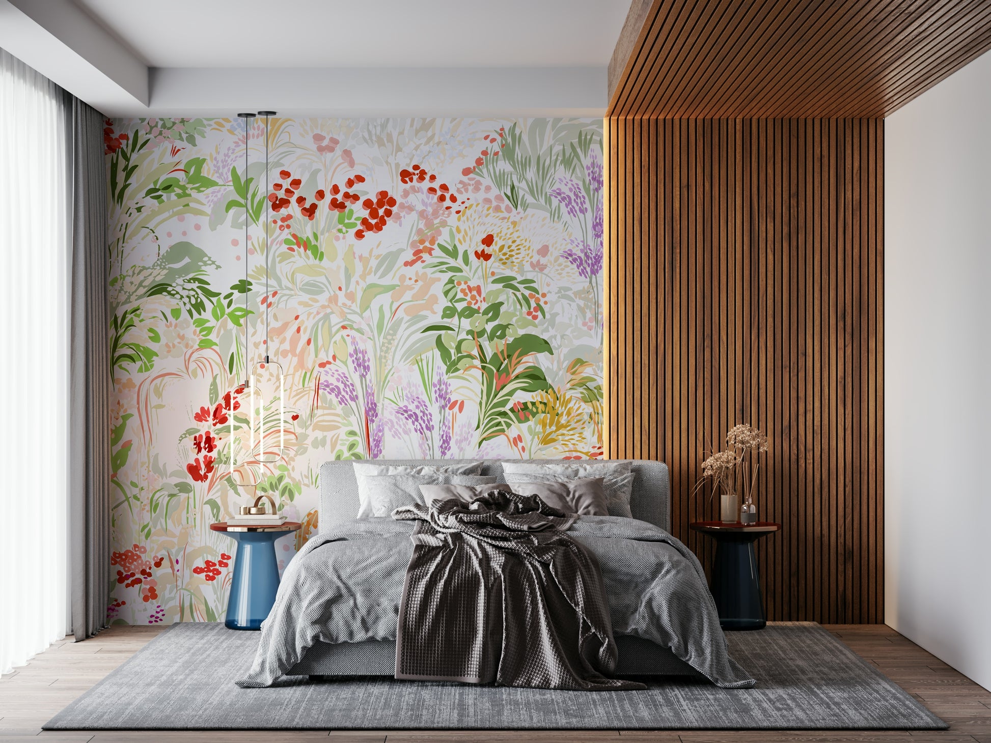 Hand-painted meadow wallpaper featuring flowing greenery and vibrant blossoms on a light background.